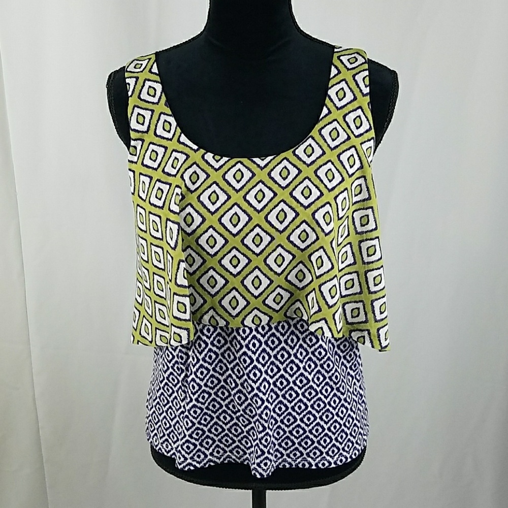 Meadow Rue Anthropologie women S green purple fret print sleeveless blouse boho
